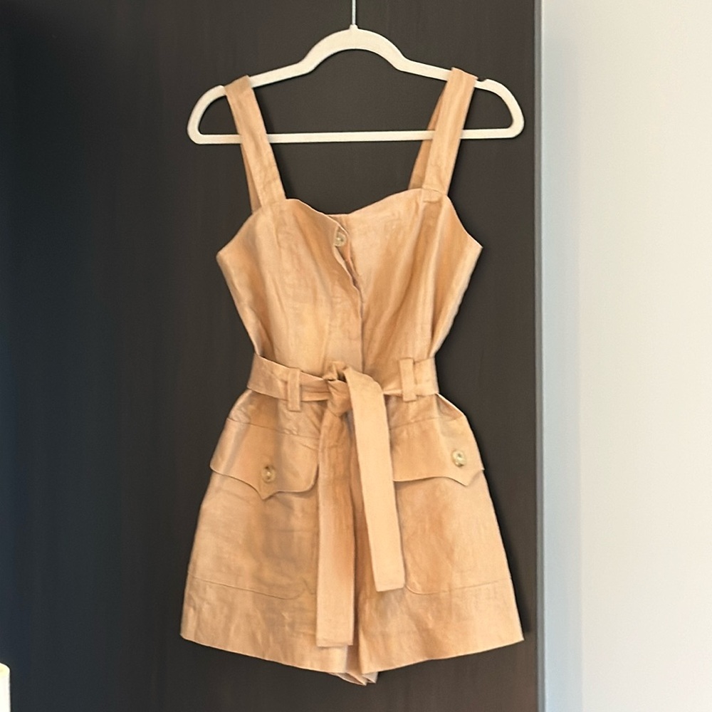 A.L.C. Gilmore Linen Tie Front Romper, Khaki, Size 0